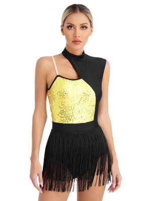 Women One Shoulder Sleeveless Sequin Tassel Latin Dance Leotard front image