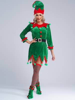 Women 6pcs Christmas Long Sleeve Pompom Dress with Stockings Elf Costume Sets front image