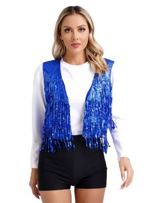 Women Allover Sequin Tassel Open Front Party Vest Waistcoat front image