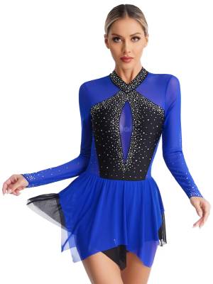 Women Long Sleeve Sparkling Rhinestones Irregular Hem Skating Dress front image