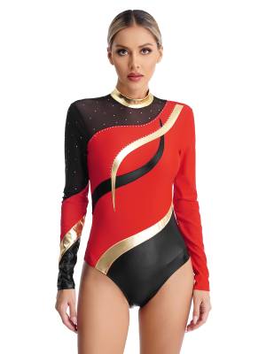 Women Color Block Rhinestone Long Sleeve Gymnastics Leotard front image