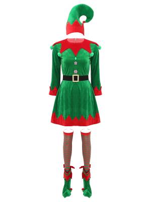 Women Pompom Velvet Dress Belt Hat Stockings Shoes Christmas Elf Costume Set front image