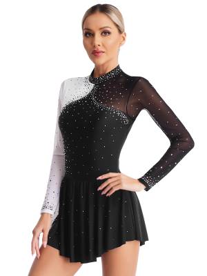 Women Long Sleeve Sparkly Rhinestone Figure Skating Leotard Dress front image