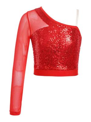 Kids Girls Sparkly Sequin One Shoulder Jazz Dance Crop Top front image