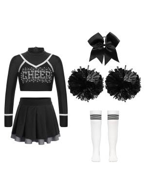 Kids Girls 7pcs Long Sleeve Rhinestone Crop Top  and Skirt Cheerleading Sets front image