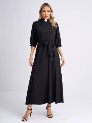 Women Mock Neck 3/4 Sleeve Solid Color Maxi Dress with Belt front image