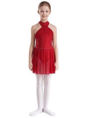 Kids Girls Halter Neck Sleeveless Rhinestones Mesh Skating Leotard Dress front image