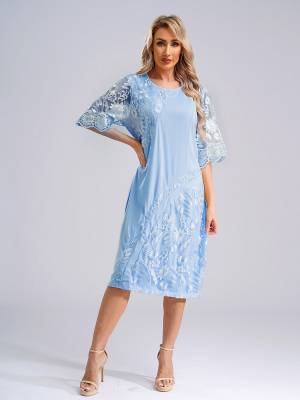 Women Plus Size Embroidery Round Neck Short Sleeve Tea Length Cocktail Dress front image