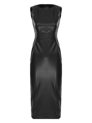 Women Sleeveless PU Leather Bodycon Ankle Length Cocktail Dress front image