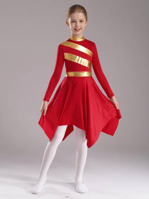 Kids Girls Metallic Mock Neck Long Sleeve Asymmetrical Worship Dance Dress front image