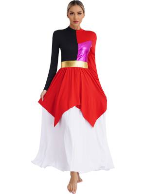 Women Liturgical Dance Dresses Metallic Contrast Color Long Sleeve front image