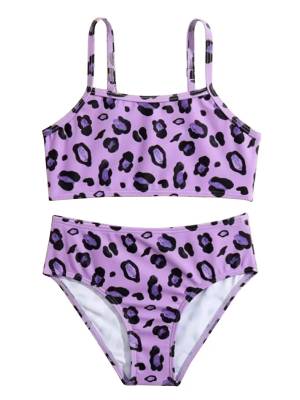 Kids Girls Two Pieces Leopard Pattern Swimsuit Bikini Set front image