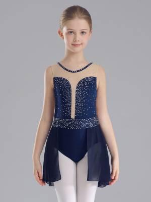 Kids Girls Sleeveless Sparkly Rhinestones U Back Skating Leotard Dress front image