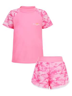 Girls Two Pieces Swimsuit Short Sleeve Swim T-shirt and Shorts Set front image