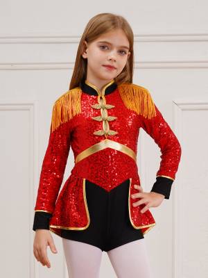 Kids Girls Long Sleeve Fringe Sequins Circus Ringmaster Costume Bodysuit front image