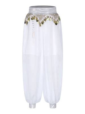 Women Chiffon Plastic Beads Tassels Metallic Side Slit Belly Dance Pants front image