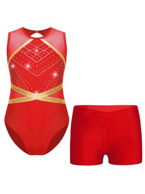 Kids Girls 2pcs Sleeveless Rhinestones Leotard and Shorts Gymnastic Sets front image