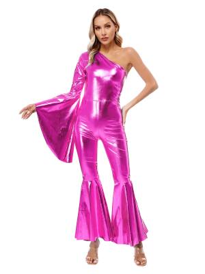 Women Metallic One Shoulder Flare Sleeve Bell-Bottom Jazz Dance Unitard front image