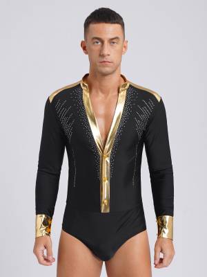 Men V Neck Long Sleeve Metallic Rhinestones Figure Skating Leotard front image