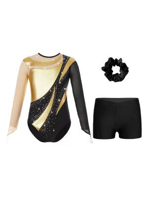 Kids Girls 3pcs Long Sleeve Leotard and Shorts Hairband Gymnastics Set front image