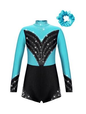 Kids Girls Long Sleeve Mock Neck Rhinestones Gymnastic Unitard with Headwear front image