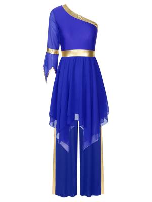 Women One Shoulder Flared Sleeve Dress and Pants Liturgical Praise Dance Set front image