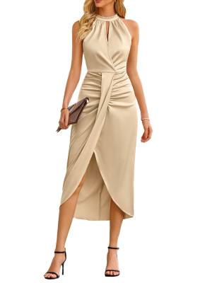 Women Sleeveless Ruched Wrap Hem Split Midi Cocktail Dress front image