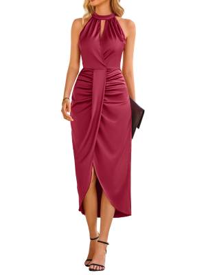 Women Sleeveless Ruched Wrap Hem Split Midi Cocktail Dress front image