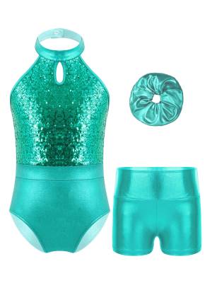 Kids Girls Sleeveless Halter Neck Sequin Gymnastic Leotard and Shorts Hair Band front image