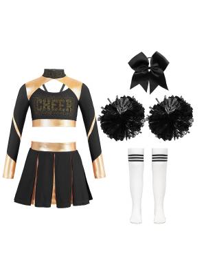 Kids Girls 7pcs Long Sleeve Metallic Crop Top and Pleated Skirt Cheerleading Set front image