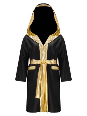 Kids Boys Long Sleeve Satin Hooded Cloak with Belt Boxing Robe  front image