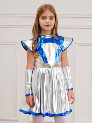 Kids Girls Cap Sleeve Metallic Halloween Alien Costume Dress with Arm Sleeves front image