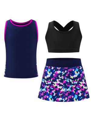 Kids Girls 3pcs Keyhole Crop Top with Vest and Skirt Sports Set for Tennis front image