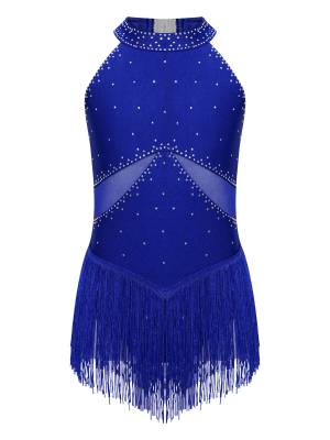 Kids Girls Glittery Rhinestones Halter Neck Tassel Figure Skating Leotard front image