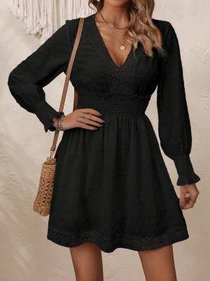 Women V Neck Long Sleeve Boho Style  A-Line Dress front image