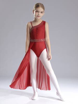 Kids Girls Shinny Rhinestones Sleeveless Lyrical Dance Leotard Dress front image