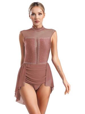 Women Sleeveless Backless Mesh Rhinestones Lyrical Dance Leotard Dress front image