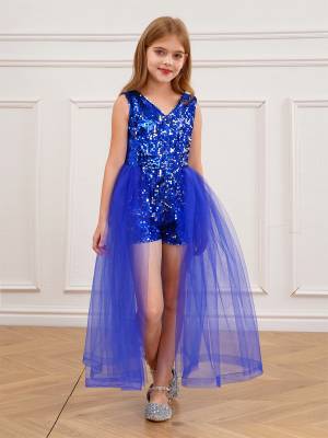 Kids Girls Pageant Sequin Romper with Tulle Skirt front image