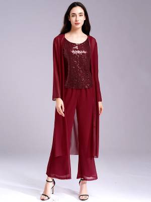 Women 3pcs Chiffon Sequin Tank Top Long Sleeve Cardigan and Pants Suit front image