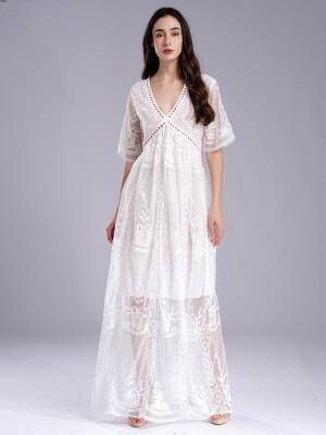 Women V Neck Short Sleeve Embroidered Lace Maxi Beach Wedding Dress front image