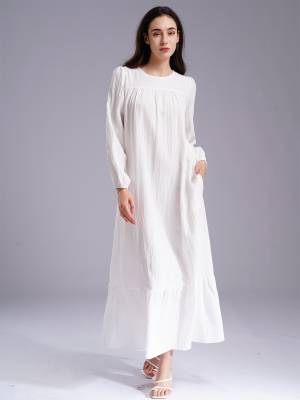 Women Loose Round Neck Long Sleeve Ruffled Hem Maxi Dress for Vacation front image