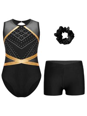 Kids Girls 3pcs Sleeveless Rhinestones Leotard and Shorts Headwear Gymnastic Set front image