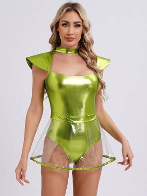 Women Cap Sleeve Metallic Bodysuit with PVC Skirt Alien Cospaly Costume front image