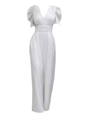 Women Solid Color V Neck Puff Sleeve Wedding Guest Jumpsuit front image