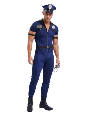 Men Halloween Short Sleeve Zipper Jumpsuit Hat Belt Manacles Police Costume front image