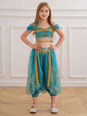 Kids Girl Short Sleeve Sequins Crop Top and Pants Set Arabian Princess Costume front image