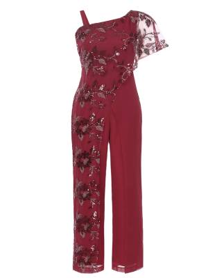 Women Embroidered Lace Sequined Asymmetric Shoulder High Waist Jumpsuit front image