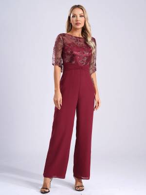 Women Sequined Mesh Short Sleeve Cocktail Jumpsuit front image