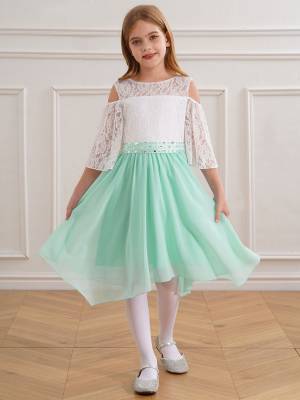 Kids Girls Party Dress with Rhinestone Belt Flare Sleeve Asymmetrical Dress front image