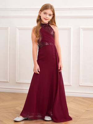 Kids Girls Halter Neck Sleeveless Sequins Maxi Dress for Wedding front image